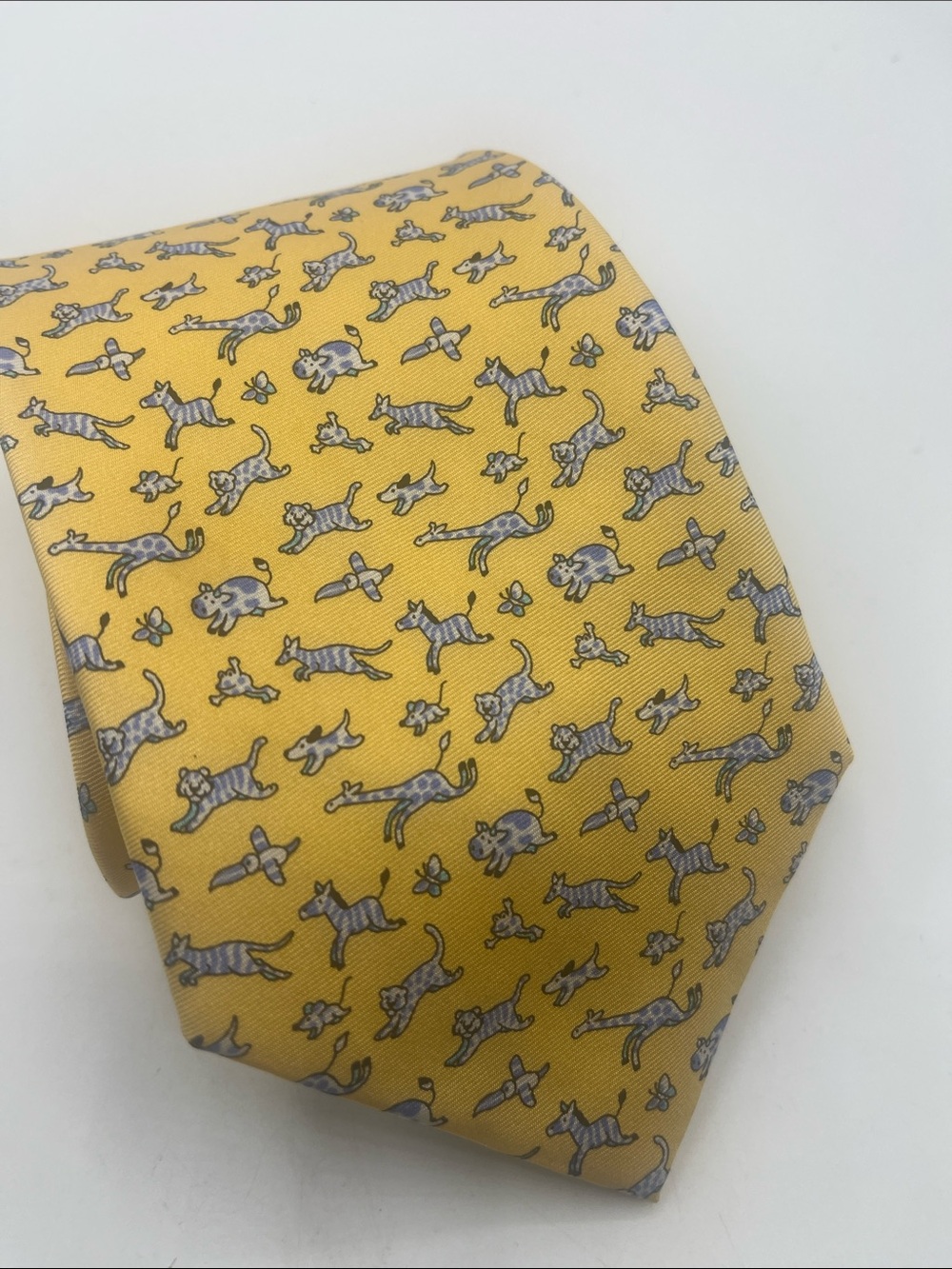 Salvatore Ferragamo Yellow Silk Tie with blue Animal Motif